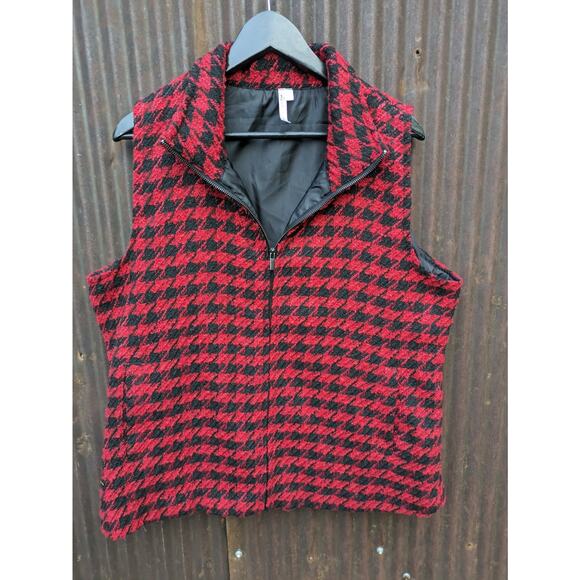 Lulu B Vest Women Large Red Houndstooth Black Checkered Soft Outdoor Autumn - Picture 1 of 10